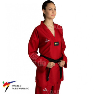 Dobok Daedo Competition Gola Preta Aprovado WT vermelho