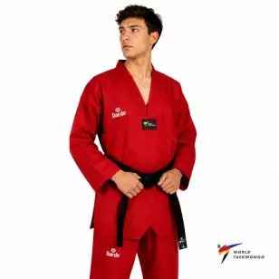 Dobok Daedo Competition Gola Preta Aprovado WT vermelho